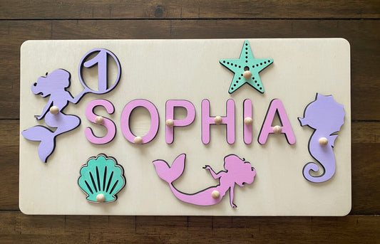 Mermaid Name Puzzle Baby Toys Made in USA Busy Puzzle Montessory Toys Wooden Name with Characters Baby Shower Gift Personalized Baby Puzzle